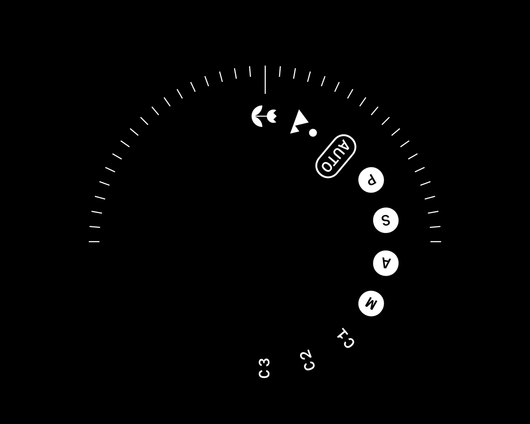 A circular control panel featuring various buttons and indicators, including settings labeled with letters and numbers. The background is black, contrasting with the white elements for clarity.