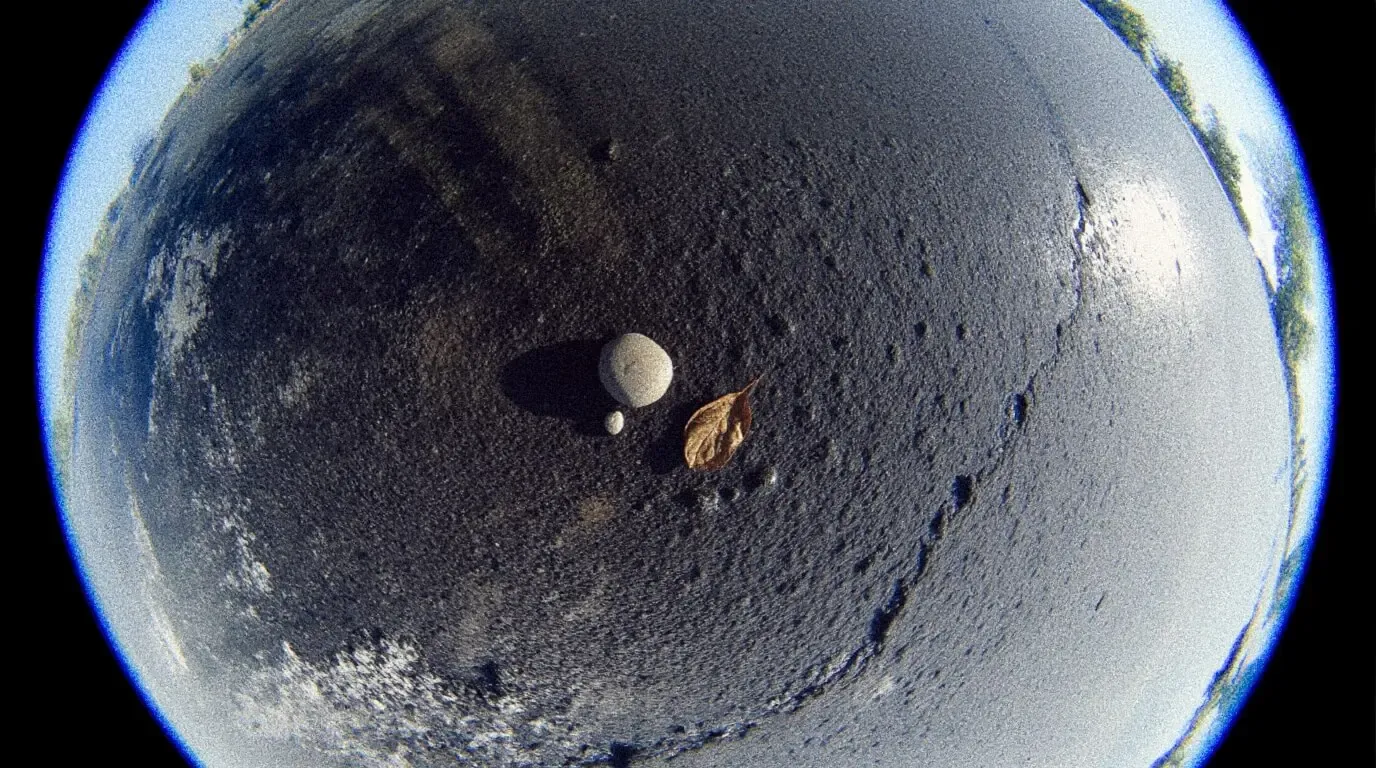 Fisheye-style close-up of a textured asphalt surface with two round pebbles casting shadows and a small brown leaf beside them, the scene framed by a blue-vignette around the edges.