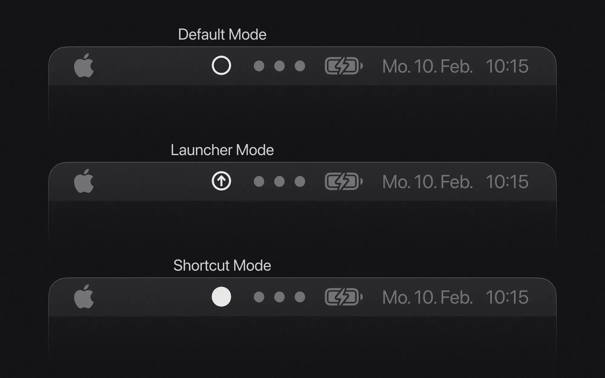 Three macOS menu bar variations showing different modes: Default Mode, Launcher Mode, and Shortcut Mode, each with distinct icons.
