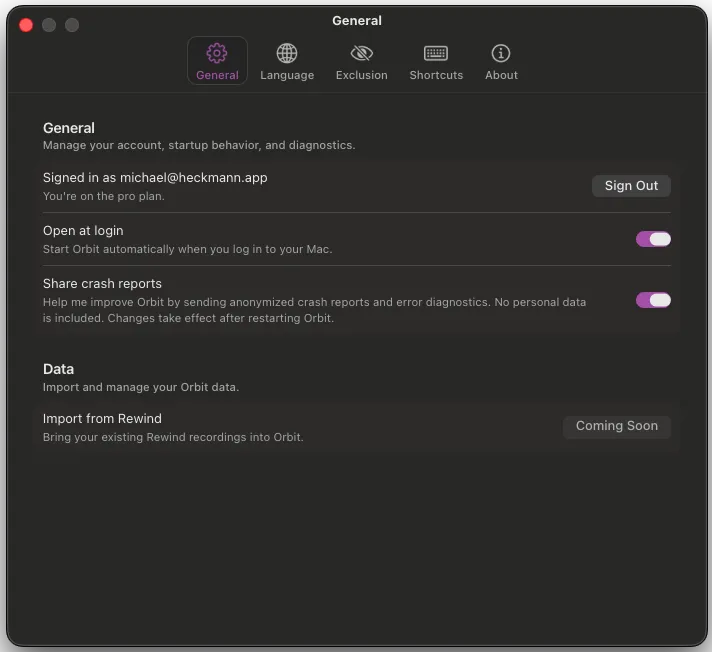 The settings window of the Orbit app in dark mode under the "General" tab, showing options for account, startup behavior, and data import.